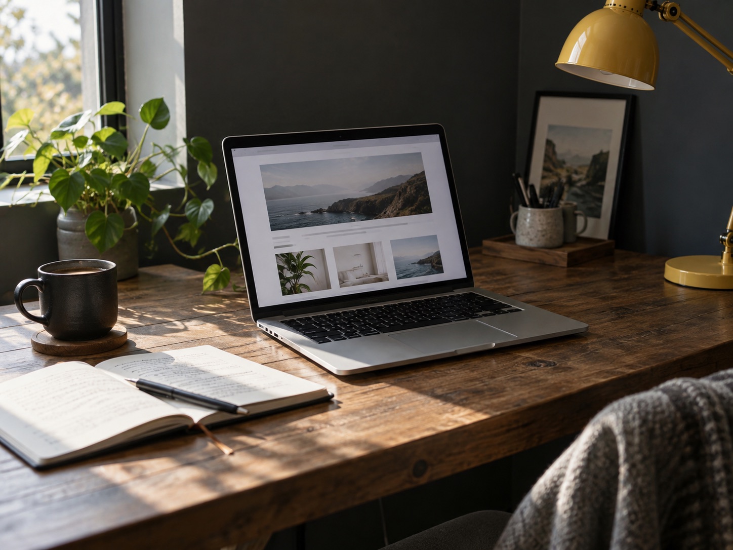 Laptop mit einer Website auf einem Schreibtisch neben Notizbuch und Kaffeetasse